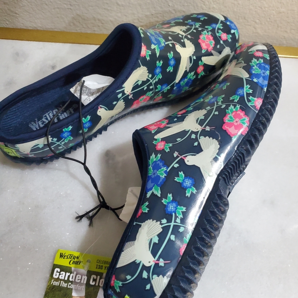 Western Chief Navy Blue Floral Bird Pattern Water Resistant Garden Clogs Women 9 - Picture 6 of 9